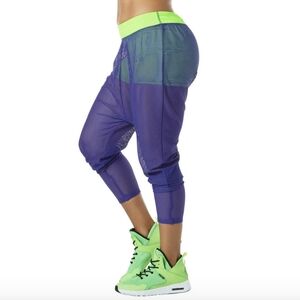Zumba Harem Pants Leggings. Fishnet Purple Leggings With Built In Green Shorts.